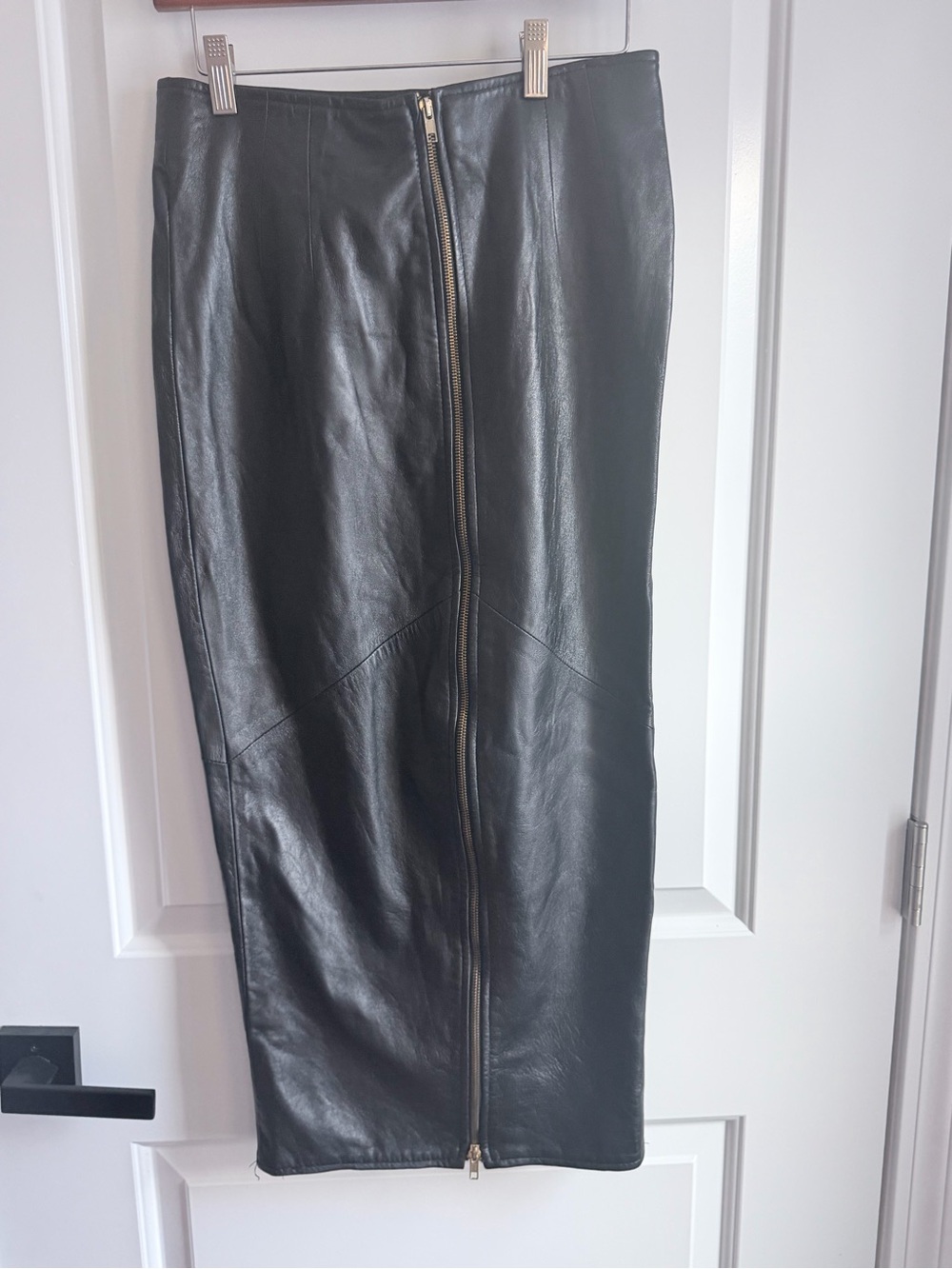 Vintage Authentic Black Leather Zip-Front Pencil Skirt